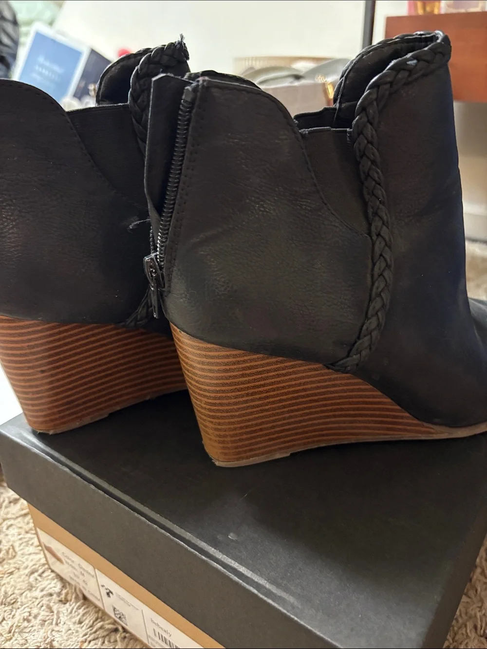 Black Wedge Ankle Booties with Braided Detail